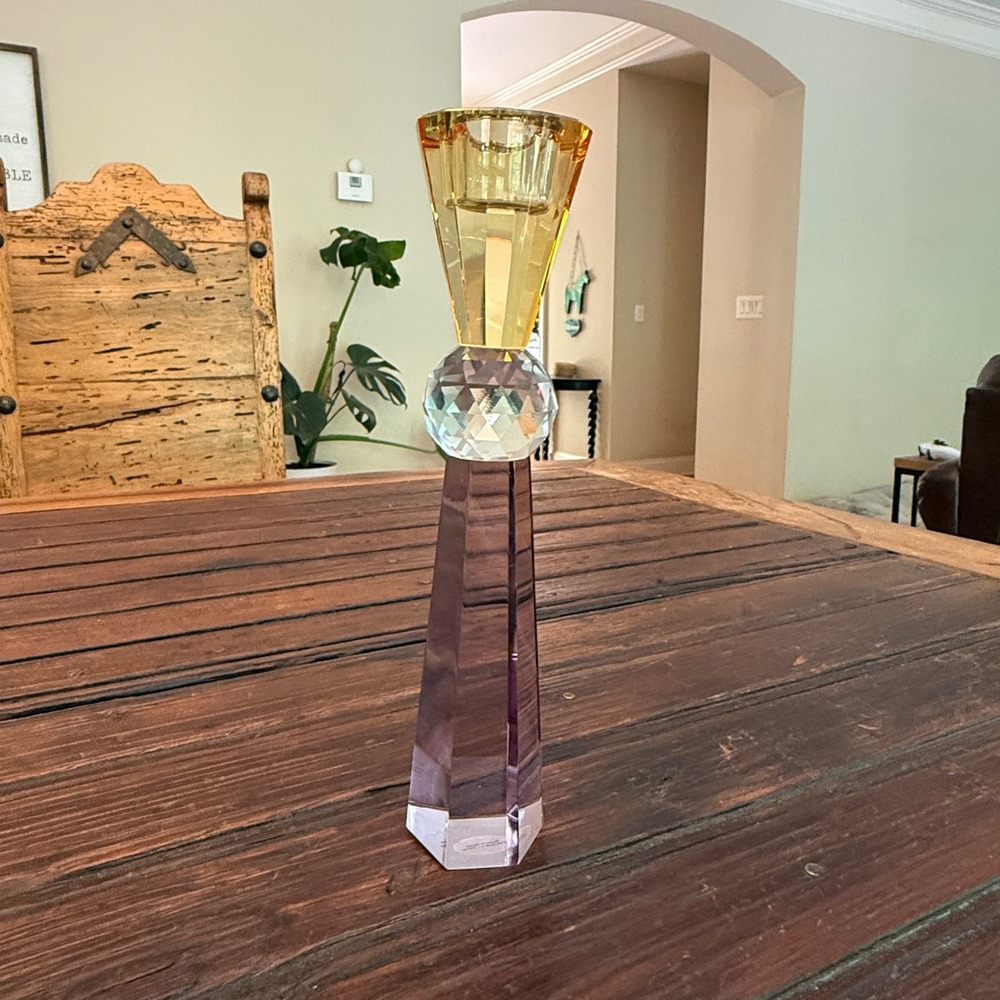 Anthropologie Cut Glass Taper Candle Holder Yellow Purple Crystal Faceted 9"